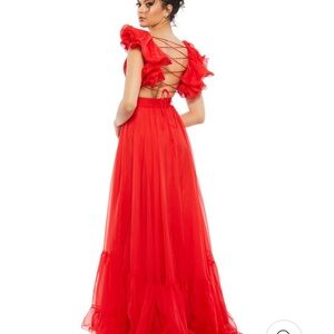 RUFFLE TIERED CUT-OUT CHIFFON GOWN- Red Size 8